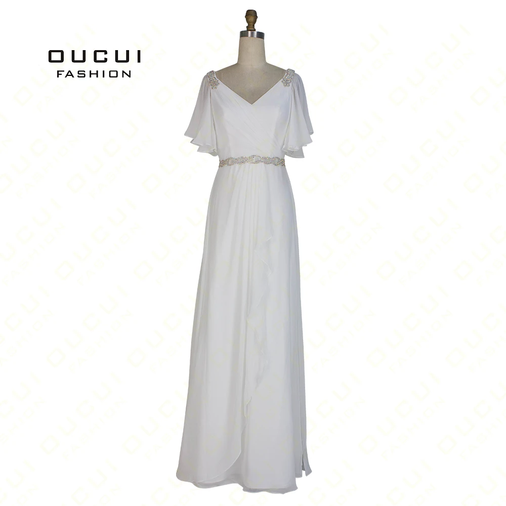 Real Photos Beaded Belt Handmade Chiffon A Line Long Evening Dress Pleat White dress Shoulder Crystal OL102852 | Свадьбы и торжества
