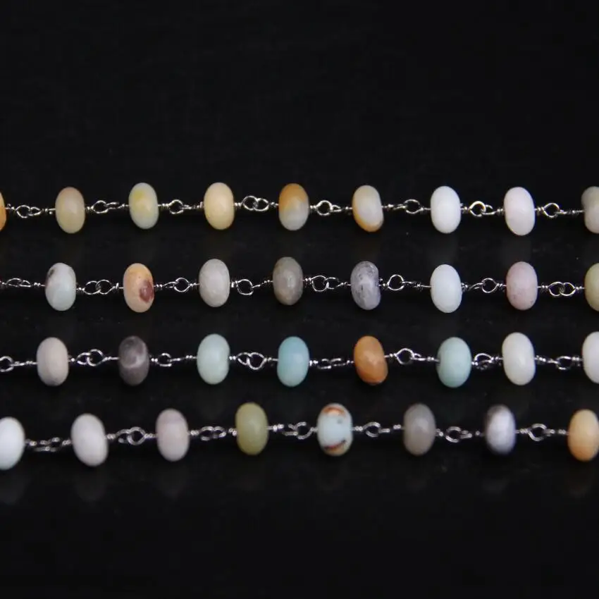 

5x8mm,Matted Amazonite stone Rondelle Link Chain,Gun Black Wire Wrapped with Natural Gems Rosary Chain Necklace Carfts