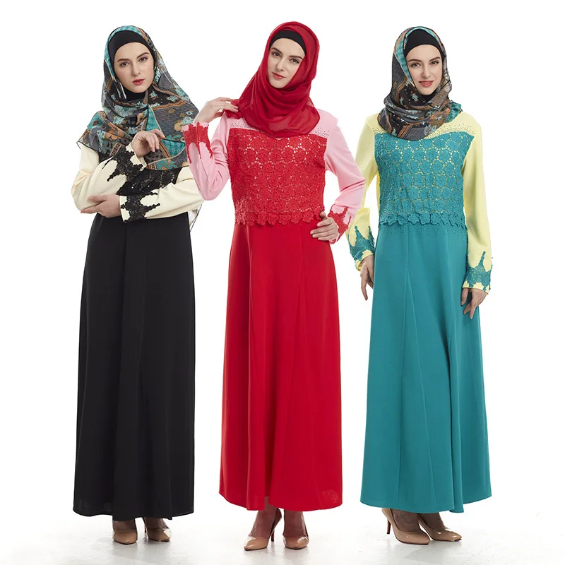 Повседневные мусульманских Кружево Макси платье Для женщин Абаи embroidey
