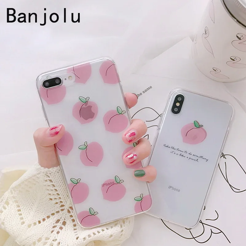 Banjolu New Candy Cute Transparent Stylish Pink Peach Phone Case for iPhone X 7 8 Plus 6 6s Soft TPU Cover Back |