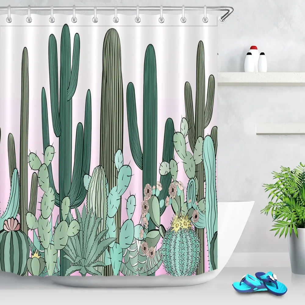 

LB Waterproof Watercolor Green Tropical Cactus White Shower Curtains Bathroom Curtain 180*180 Polyester Fabric for Bathtub Decor