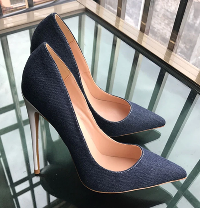 

2007 European and American Women's Spring New Denim Stitching White-heeled High-heeled Shoes Tip Sexy Shallow Slipper Women's Si