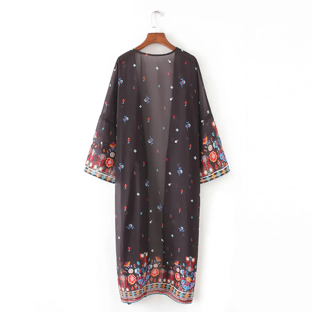 Женский Летний стиль длинный рукав цветочный принт длинное кимоно кардиган Blusas