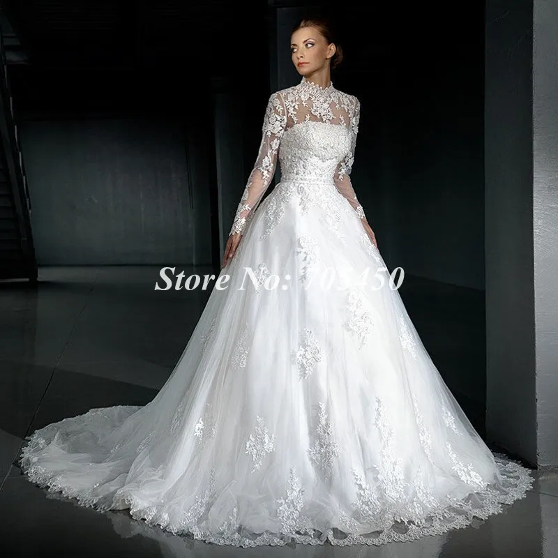 2016 Full Sleeve Robe De Mariage Elegant A-Line Wedding Dress High Collar Conservative Bridal Gown Vestido Noiva | Свадьбы и