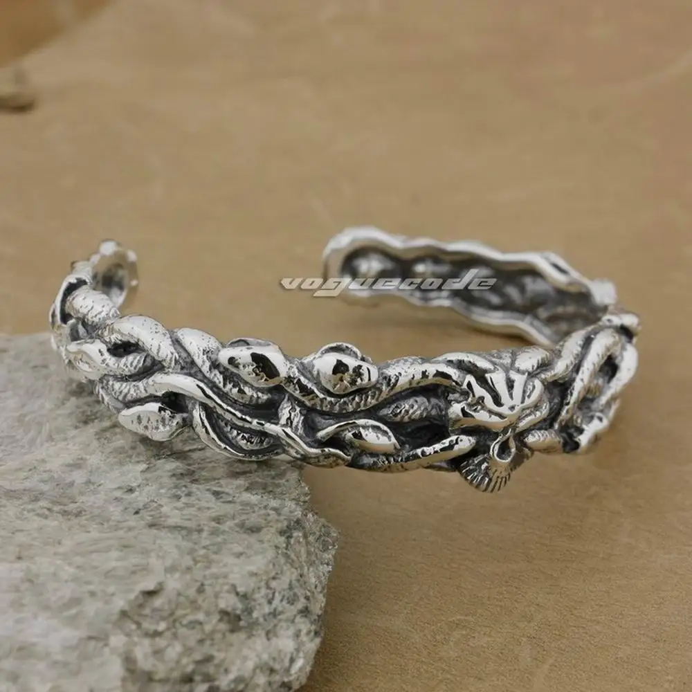 

925 Sterling Silver Snakes on Skull Mens Bracelet Bangle 9B009