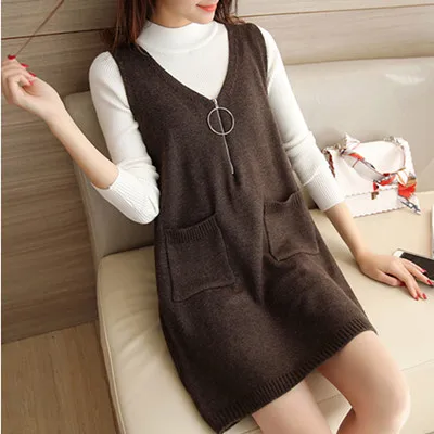 coffee pullover knit Вязаное платье Весна Женский вязаный жилет свободный длинный пуловер свитер женское платье без рукавов с v-образным вырезом Элегантное повседневное платье f097 - Цвет: coffee pullover knit