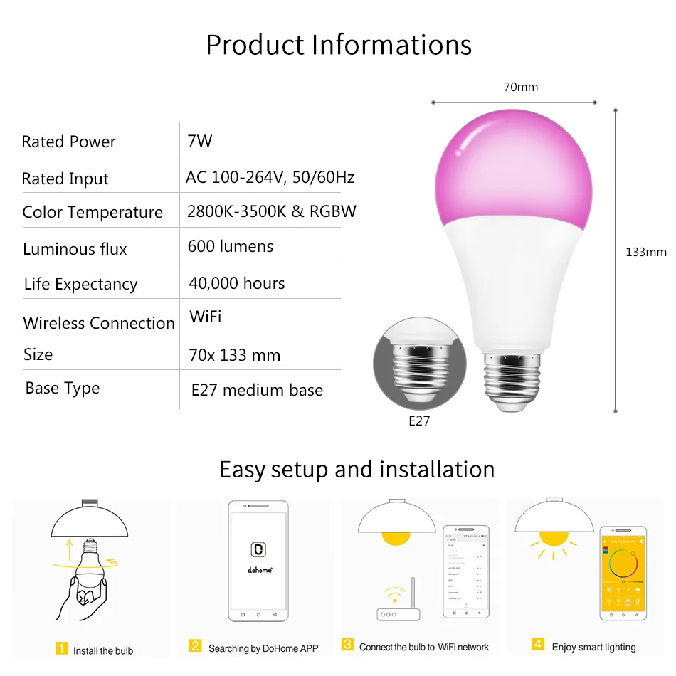 Умная лампочка Vintagelll Wi Fi Alexa/Google Home E27 7 Вт RGB приложение wifi дистанционное