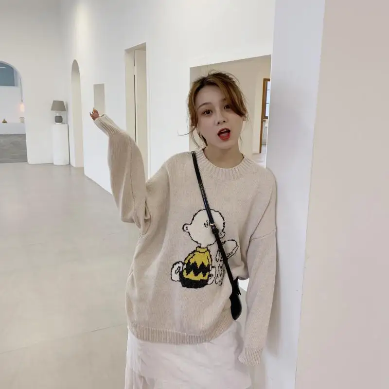 Корейская мода Kawaii мультфильм шаблон свитер женский Осень Зима o-образным вырезом свободный вязаный пуловер свитер размера плюс Трикотаж Топы