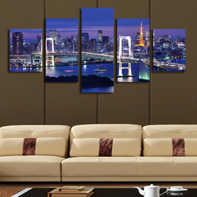 КУАДРОС (без рамки) с изображением ночного города и мост 5 панелей/комплект