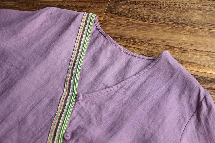 

6520 new summer women ramie blouse chinese style literary vintage loose V-Neck short sleeve tops casual pullover women