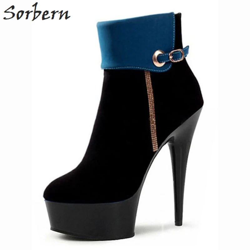 

Sorbern Ankle Boots For Women Buckle Strap Spike Heels Flock Ladies Party Shoes Boots Women Unisex Platform Shoes Real Image