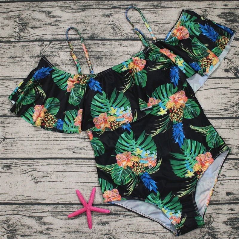 Цветочный принтом листьев бикини 2018 Одна деталь Купальники для малышек Для
