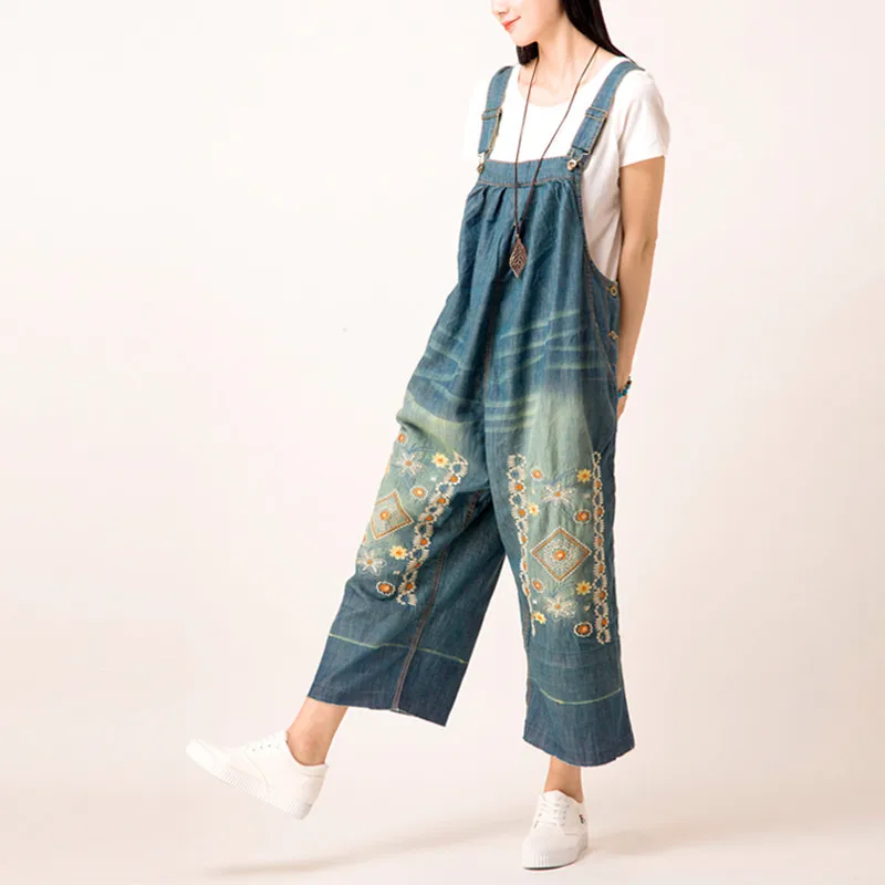 Free Shipping New Arrival Loose Denim Long Trousers Bib Pants Personality Embroidery Wide Leg Jumpsuits For Women Summer Pants