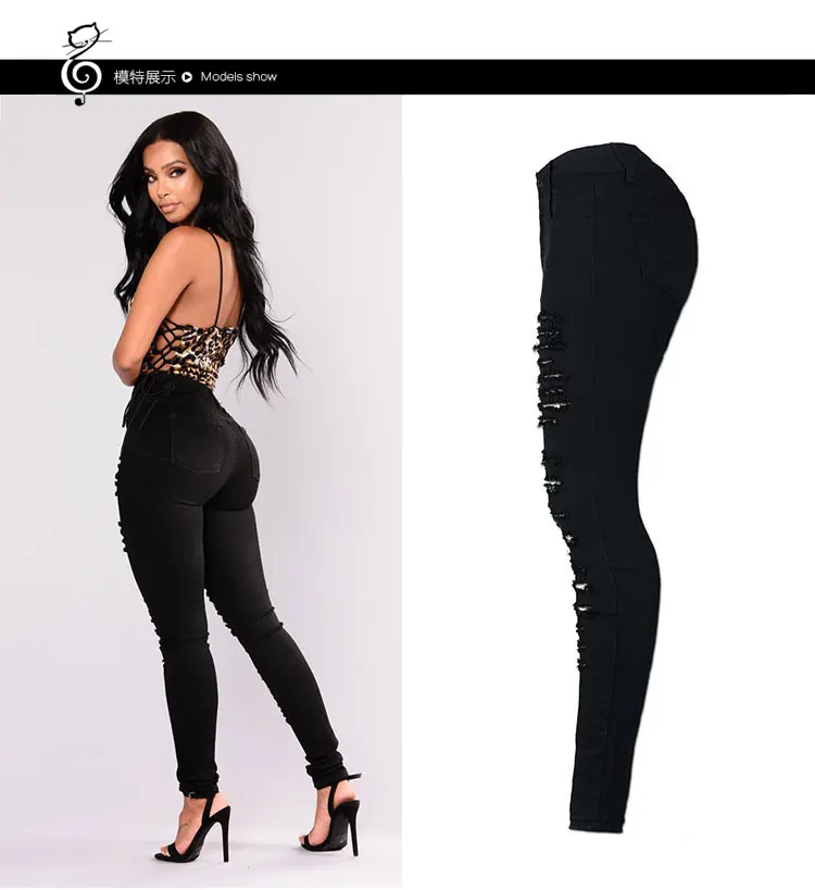 Womens Pencil Pants Stretch Casual Look Denim Skinny Boyfriend Pants High Waist Black Trousers Women