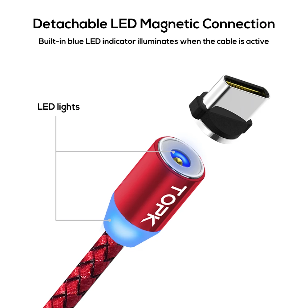 TOPK RLine1 светодиодный магнитный usb-кабель, 1 м и 2 м Магнитный USB type-C кабель и Micro usb кабель и USB кабель для iPhone X 8 7 6 Plus