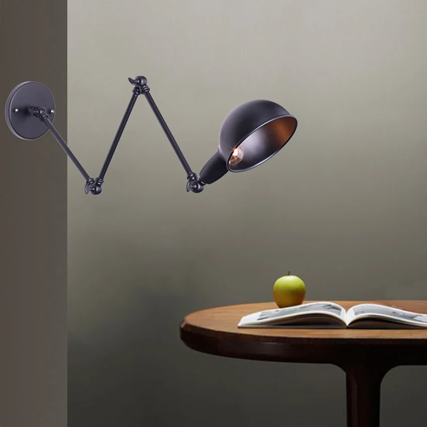 

Loft Retro Matte Black Iron Shade Adjustable Swing Arm Reading Wall Lamps Lights E27 Sconce for Workroom Bedroom Bar Cafe Foyer