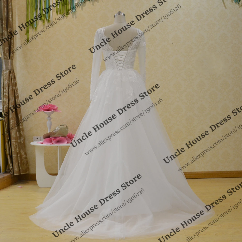 Sposa Abito Mermaid Шнурка С Длинным Рукавом Свадебные Платья Со Съемной Поезд Выкл Белое