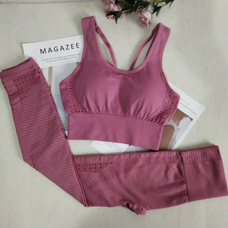 pink set Комплект из 2 предметов для йоги, бесшовный бюстгальтер с перекрещивающимися лямками на спине и высокой талией, леггинсы для спортзала, спортивный костюм с эффектом пуш-ап, костюм для фитнеса для тренировки - Цвет: pink set