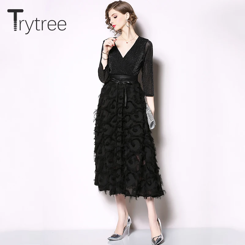 Летнее осеннее однотонное платье Trytree женские платья с V образным вырезом и