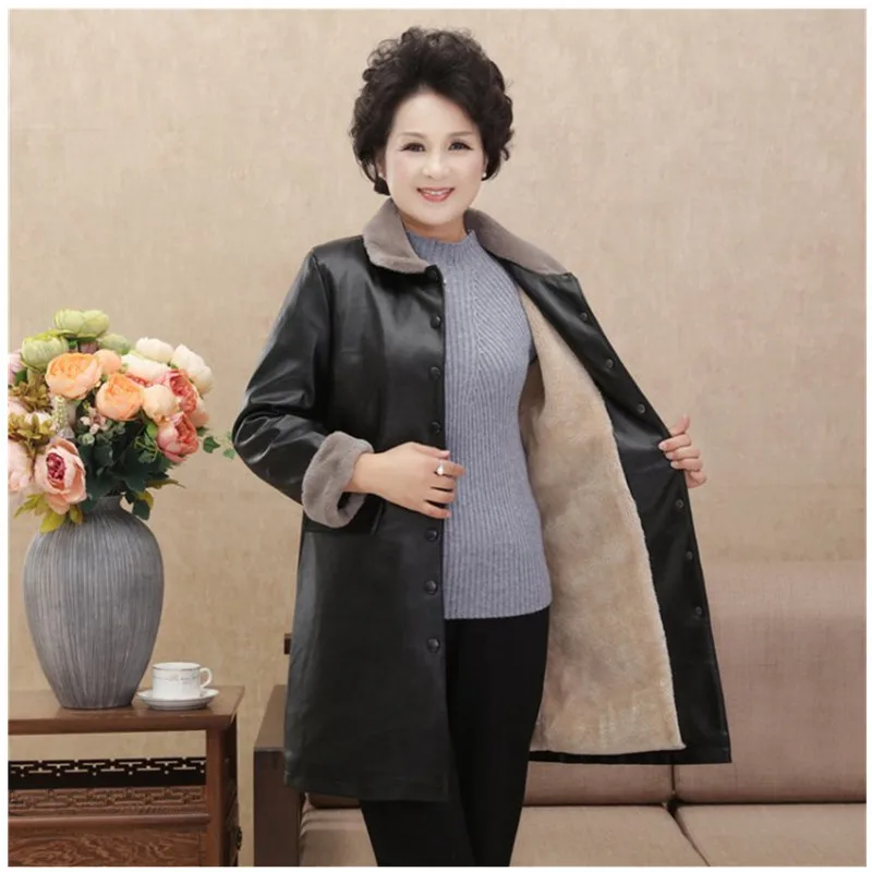 

Winter long Middle age clothing Plus velvet thickening Leather clothing Women winter jacket with fur fashion PU leather coat 4XL