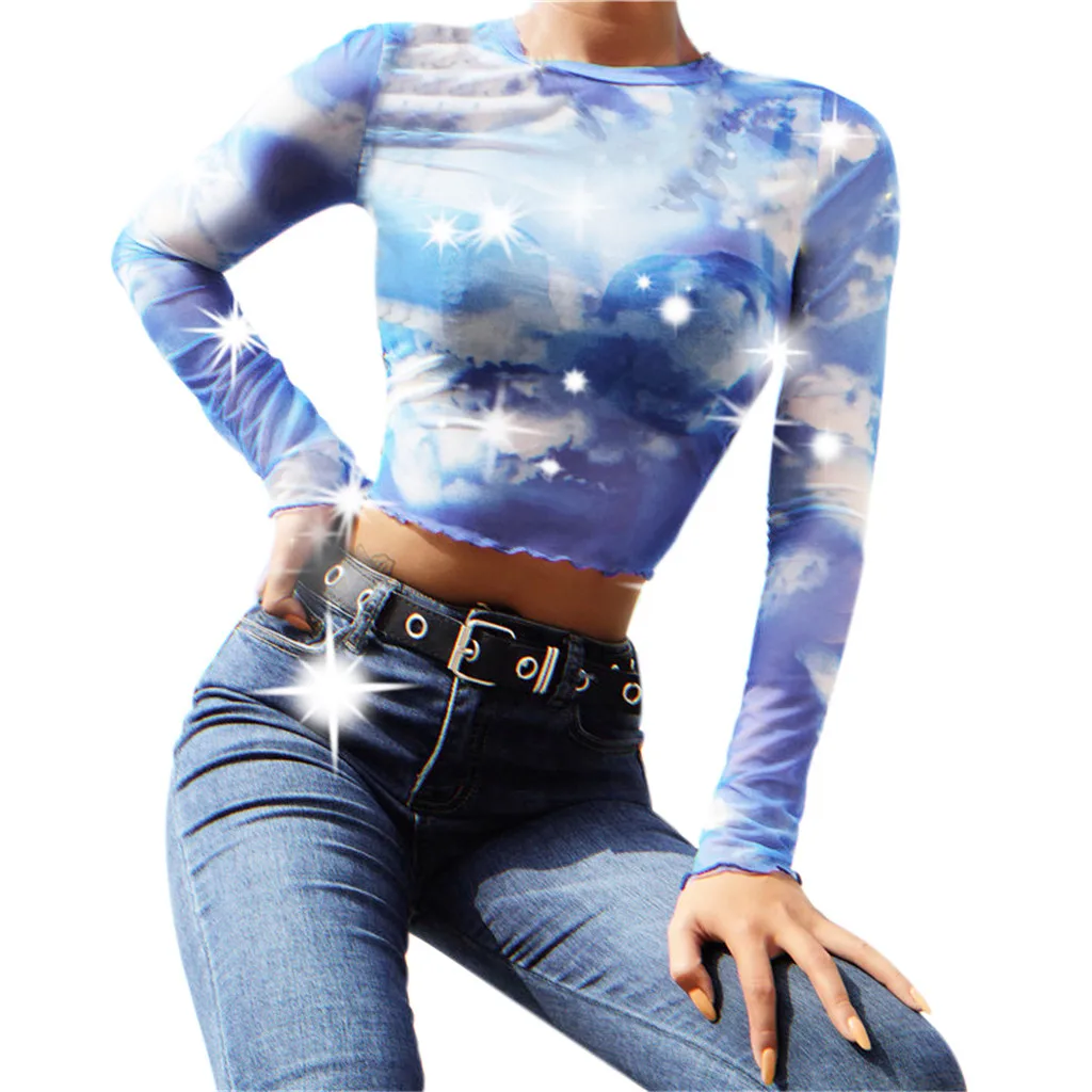 New arrival t shirt women Sexy O-Neck Long Sleeve Blue Sky Clouds Print Net Yarn Short Top tshirt super quality camiseta mujer | Женская