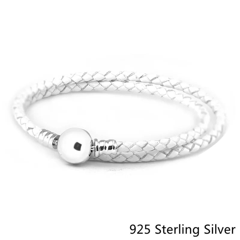 

100% 925 Sterling Silver Jewelry Ivory White Braided Double-Leather Charm Bracelets Free Shipping