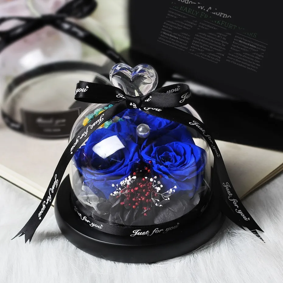 Blue Настоящие розы, Роза в колбе, стеклянный купол, подарок на день Святого Валентина, настоящая Роза, красота и чудовище, сохраненная Роза, подарок подруге на день рождения - Цвет: Blue