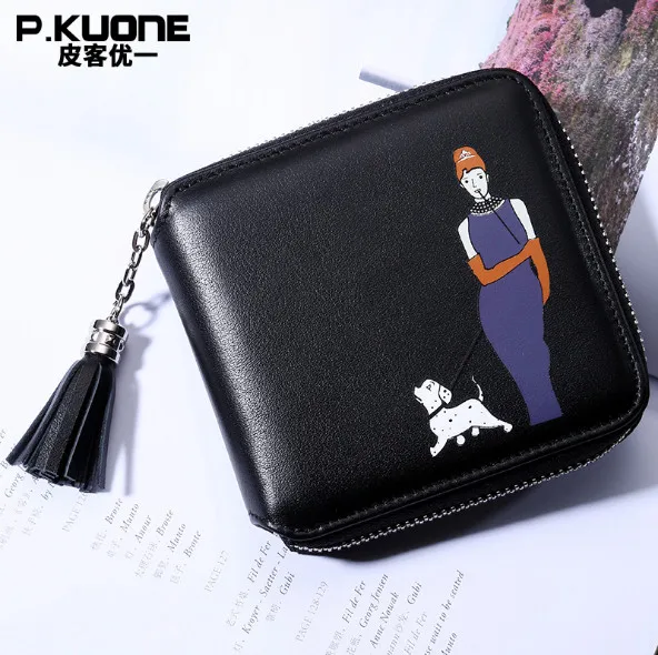 P. KUONE Goddess Walk Dog Модный женский кошелек из натуральной кожи двойной держатель для