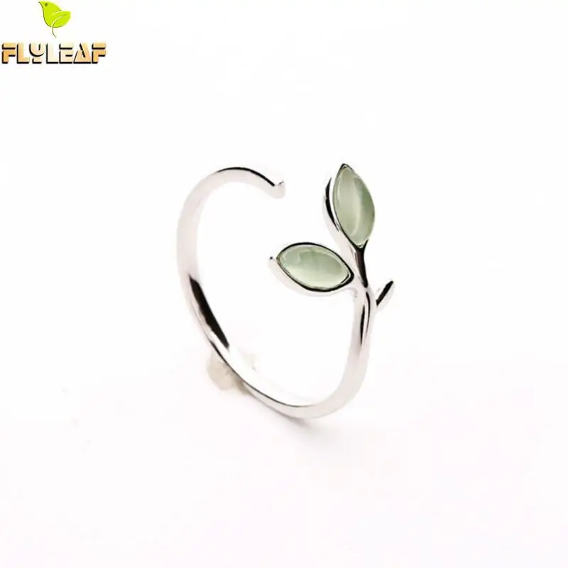 

100% 925 Sterling Silver Green Opal Leaves Buds Open Rings For Women High Quality Creative Fashion Jewelry 2022 New