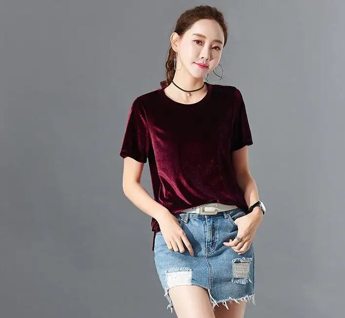 2022 Summer Gold Velvet Crop Tops Women T Shirt Fashion O-neck Short Sleeve T-shirt Ladies Casual Velour Tees | Женская одежда