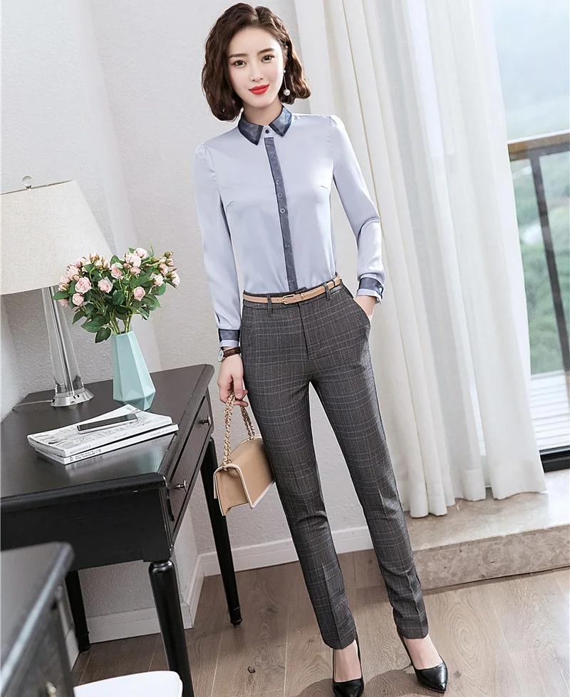 Fashion Ladies Work Blouses Women Business Suits 2 Piece Pant and Tops Sets OL Shirts Long Sleeve | Женская одежда