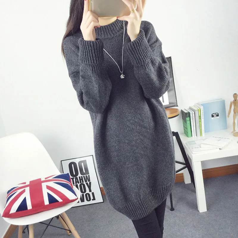 Solid Turtleneck Women Knitted Sweater Dress Long Sleeve Pullovers Loose Over Size Casual Warm Jumper 2020 Fall Woman Top | Женская