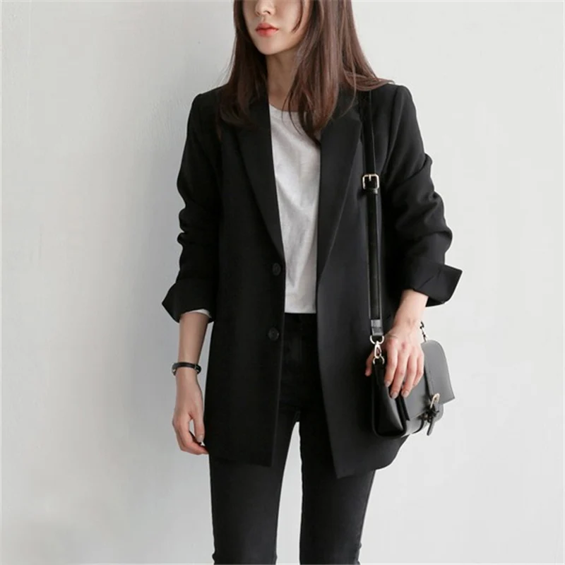 

Single Breasted Black Casual Blazer Notched Collar Women Jacket Full Sleeve Fashion Outerwear Female Blaser Tops