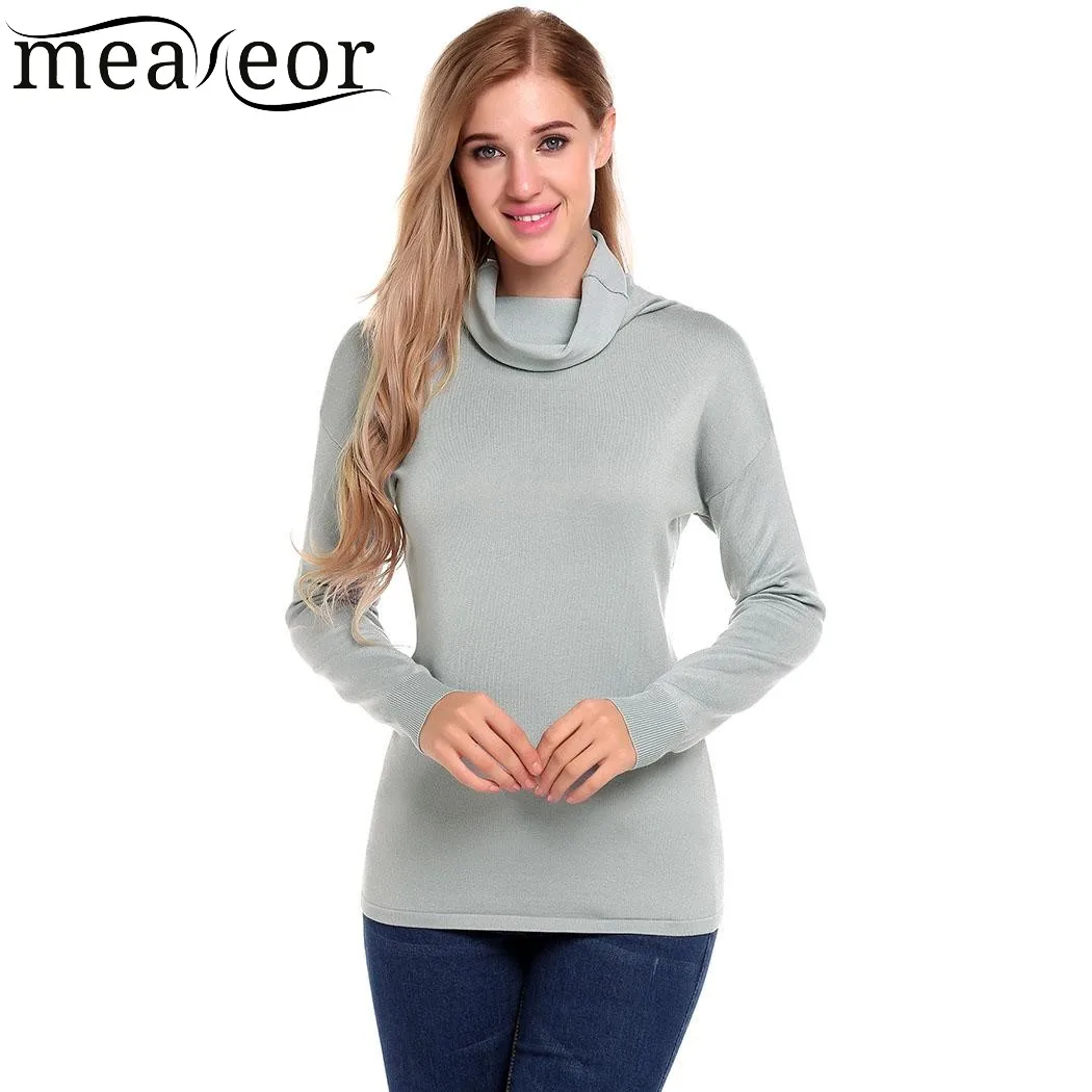 Meaneor New Women Sweaters Cowl Neck Long Sleeve Solid Loose Fashion 2017 Autumn Winter Elegant Slim Christmas Sweater | Женская одежда