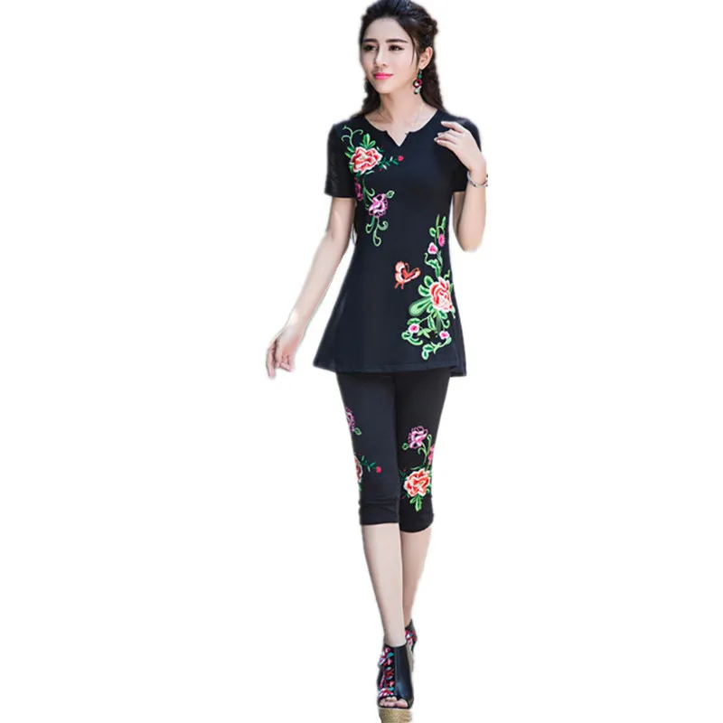 2019 T Shirt Pants 2 Piece Set Women Spring Summer Cotton Quality Embroidery 4XL Vintage Ladies Tracksuit Clothes Woman Suits | Женская