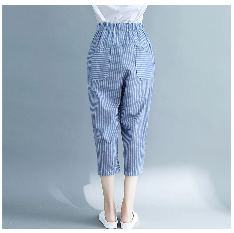 BJY 2019 new women's summer striped color matching nine pants casual loose fashion high waist elastic band XL harem | Женская одежда