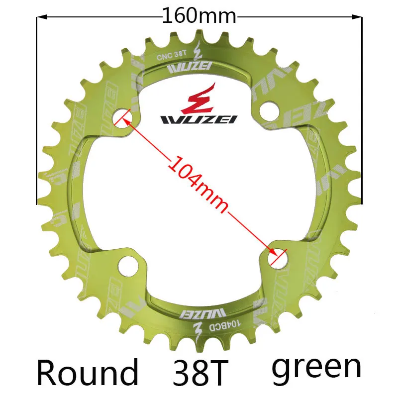 GREEN 38T ROUND Велосипедная круглая узкая широкая Звездочка WUZEI 32 T/34 T/36 T/38 T 104BCD, велосипедная звездочка, однопластинчатая звездочка - Цвет: GREEN 38T ROUND