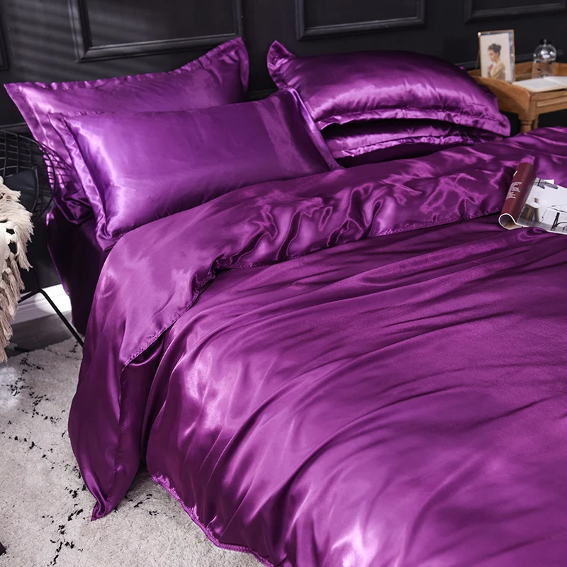 Slowdream Luxury Purple Stain Silk Bedding Set Silky Queen King Bed Set Bedclothe Duvet Cover Queen King Sheet Pillowcase