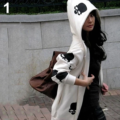 Women's Skull Zipper Sweater Hooded Cardigan Casual Hoodies Jacket Coat Tops | Женская одежда