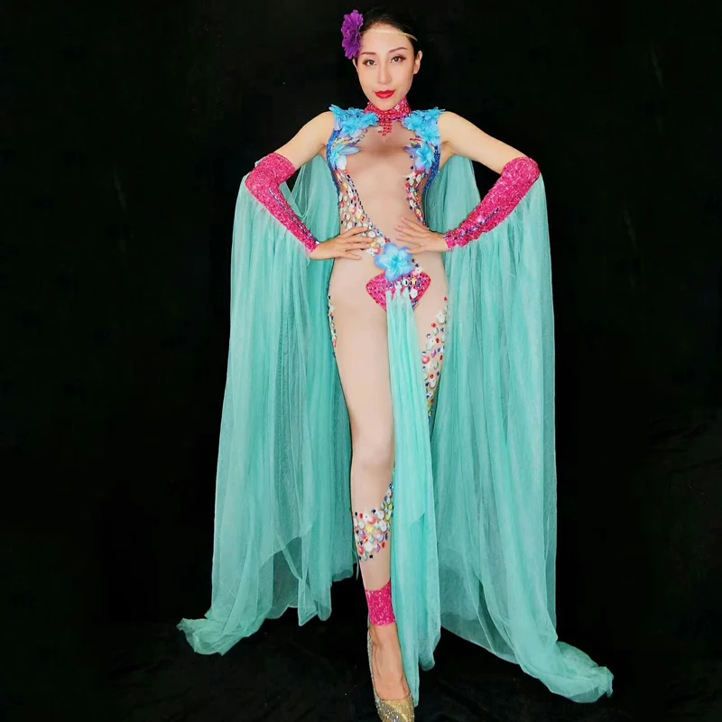 Сексуальный прозрачный комбинезон Zentai Стразы с марлевым рукавом танцевальный