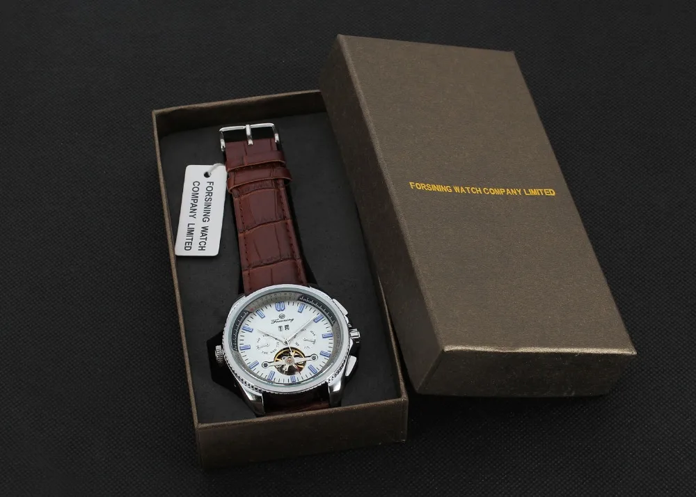 

Forsining Day/Date Complete Calendar Auto Date Tourbillon Feature and Genuine Leather Material Gent wrist watch