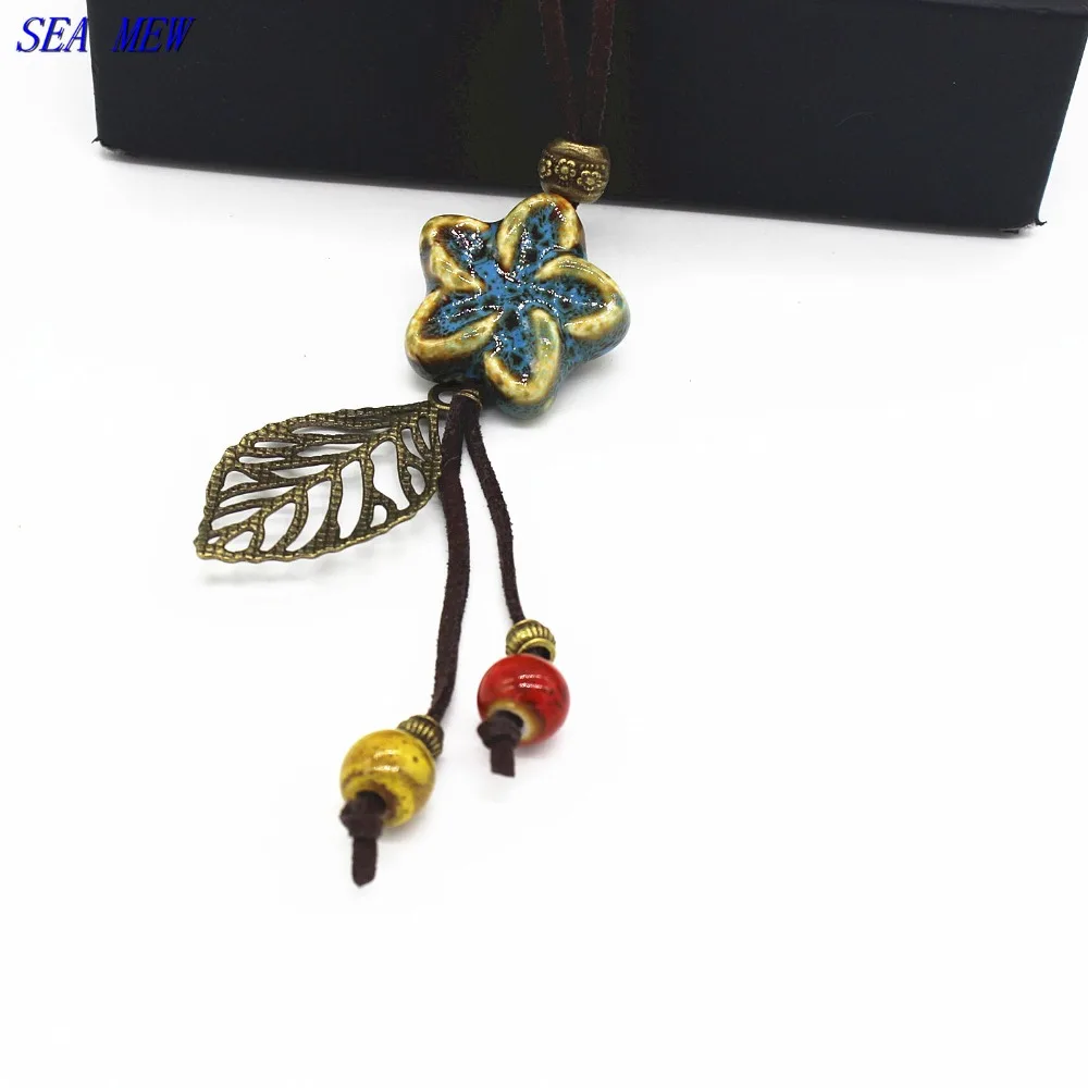 SEA MEW модное керамическое длинное ожерелье с цветком из бисера и листьев мягкий