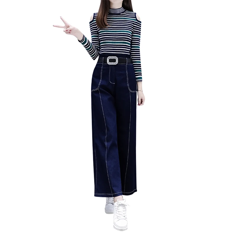 

Autumn suit new stripe sweater & denim wide-legged pants two-piece clothing set fashion lady casual outfit vestido women S-XL