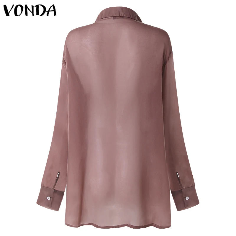 VONDA, женская блузка, сексуальная, с отворотом, на шее, с длинным рукавом, топ, весна-лето, пляжная одежда, Офисная рубашка, прозрачная, Просвечивающая, Blusas 5XL