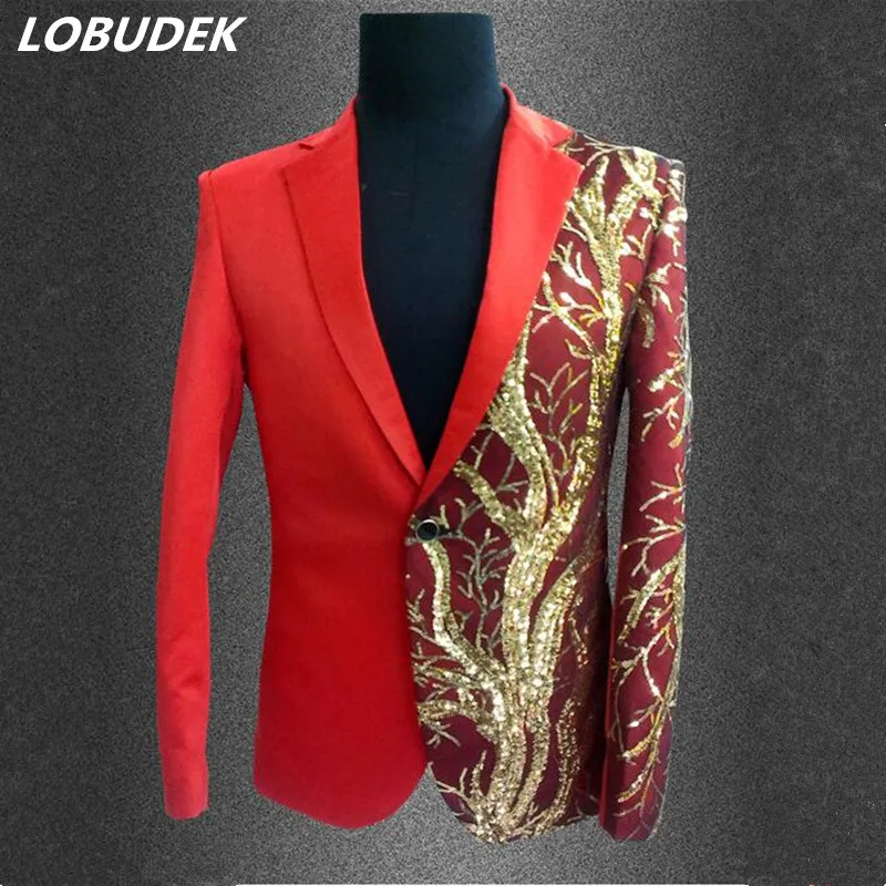 

Red Black Sequin Blazers Suit Jackets Male Singer Bar Nightclub Sequins Coat Stage Costume Evening Performance Host Jacket S-3XL