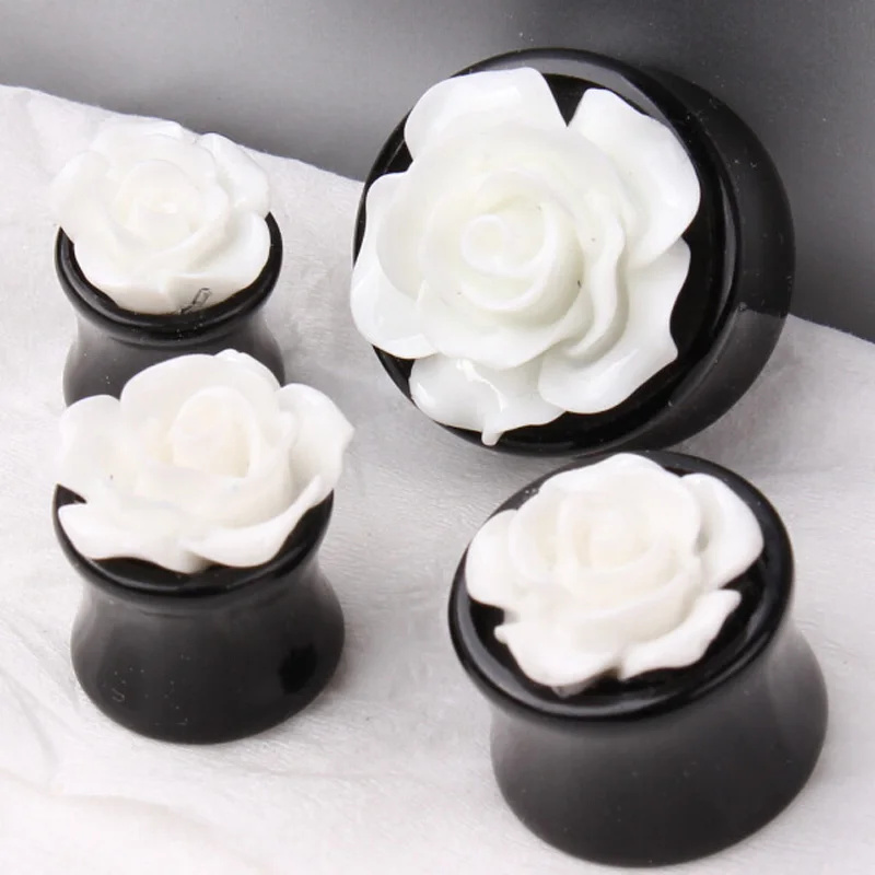 2 шт. большой размер белая роза цветок заглушка для ушей черная акриловая мякоть