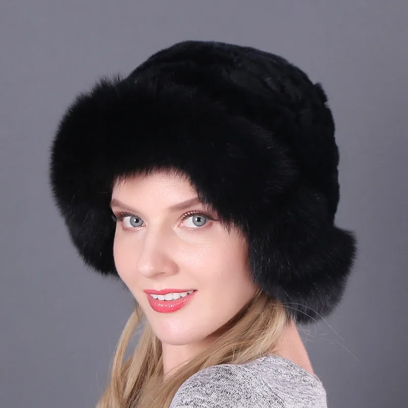 Женские модные шапки, настоящий мех кролика, вязаные шапки, шапка с натуральным лисьим мехом, женская меховая шапка, однотонная зимняя русская теплая шапка, L - Цвет: color6