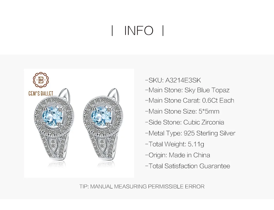 Gem's Ballet 1.2Ct натуральный Небесно-Голубой топаз Винтажные серьги 925 пробы серебряные серьги-гвоздики с драгоценным камнем для женщин хорошее ювелирное изделие