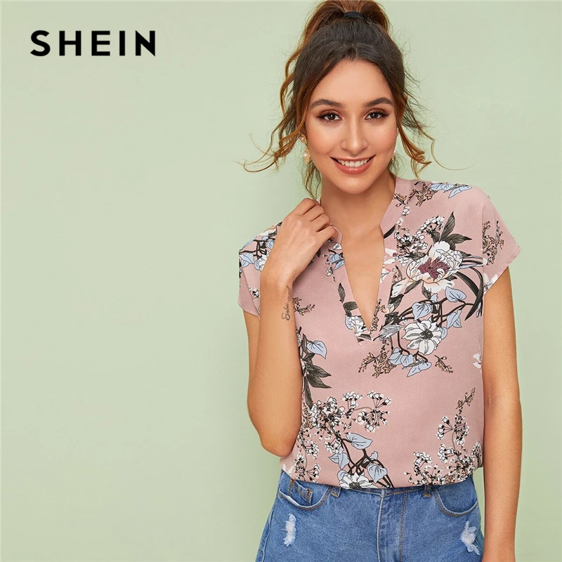 SHEIN Модный летний топ с v-образным вырезом и рукавами-крылышками и цветочным принтом, Женские топы и блузки