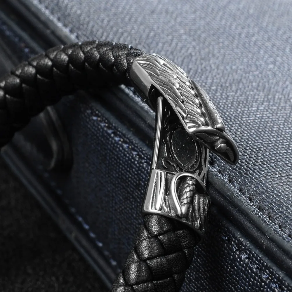 Men Jewelry Punk Black Braided Geunine Leather Bracelet Sword Dagger Pattern Stainless Steel Magnetic Buckle Bangles | Украшения и